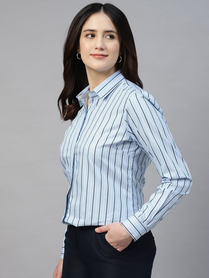 Hancock Women Blue Stripe Pure Cotton Regular Fit Formal Shirt