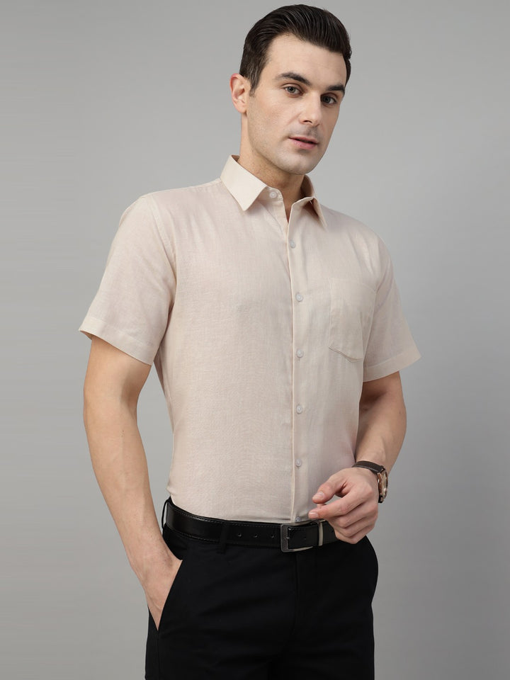 Men Beige Solid Linen & Cotton Blend Slim Fit Formal Shirt