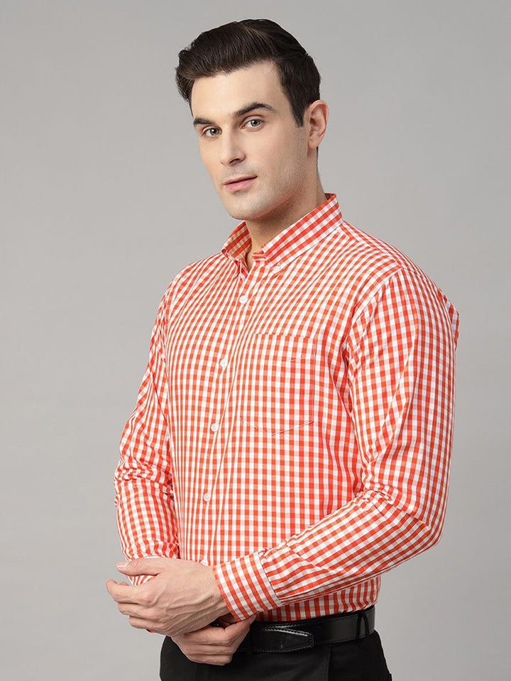 Hancock Men Orange Check Pure Cotton Slim Fit Formal Shirt
