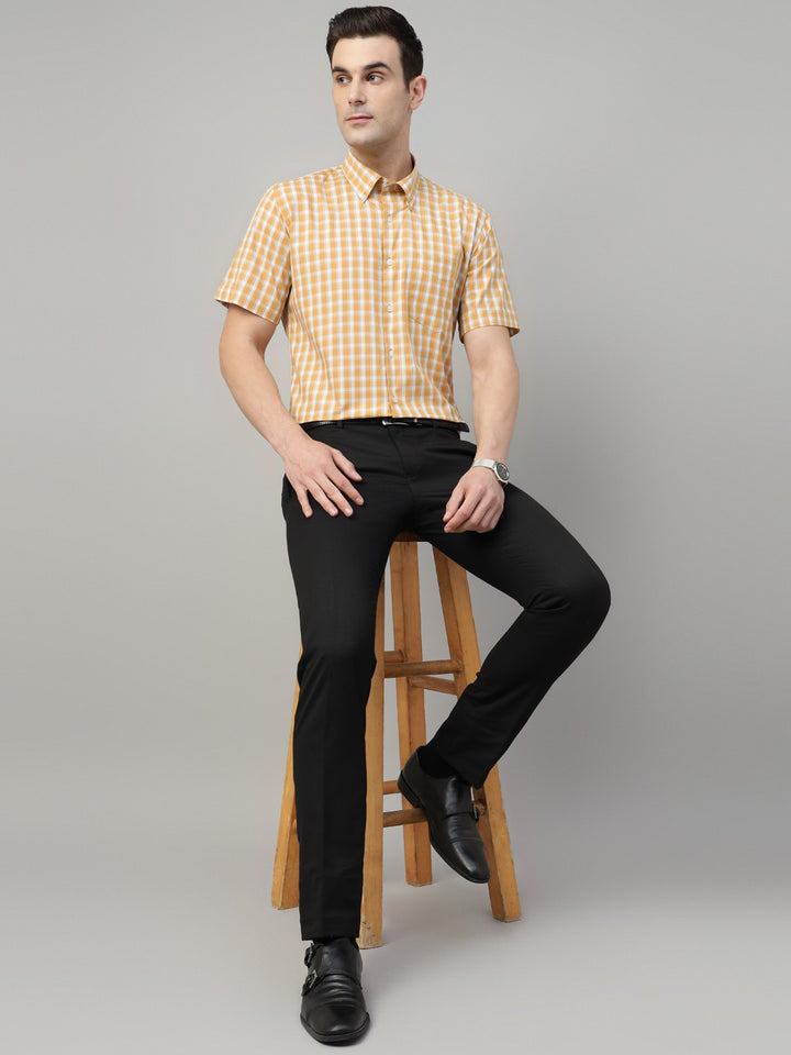 Men Mustard Check Cotton Slim Fit Formal Shirt