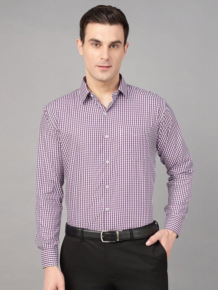 Hancock Men Purple Check Pure Cotton Slim Fit Formal Shirt