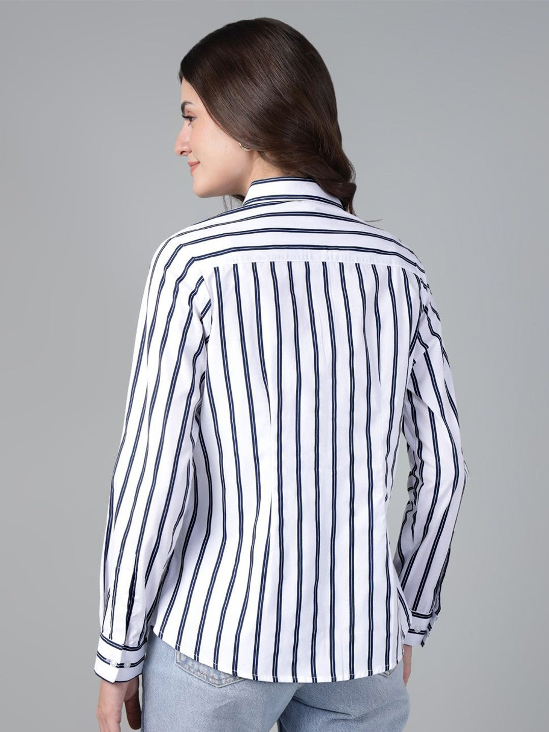 Hancock Women White & Navy Stripe Pure Cotton Regular Fit Casual Shirt