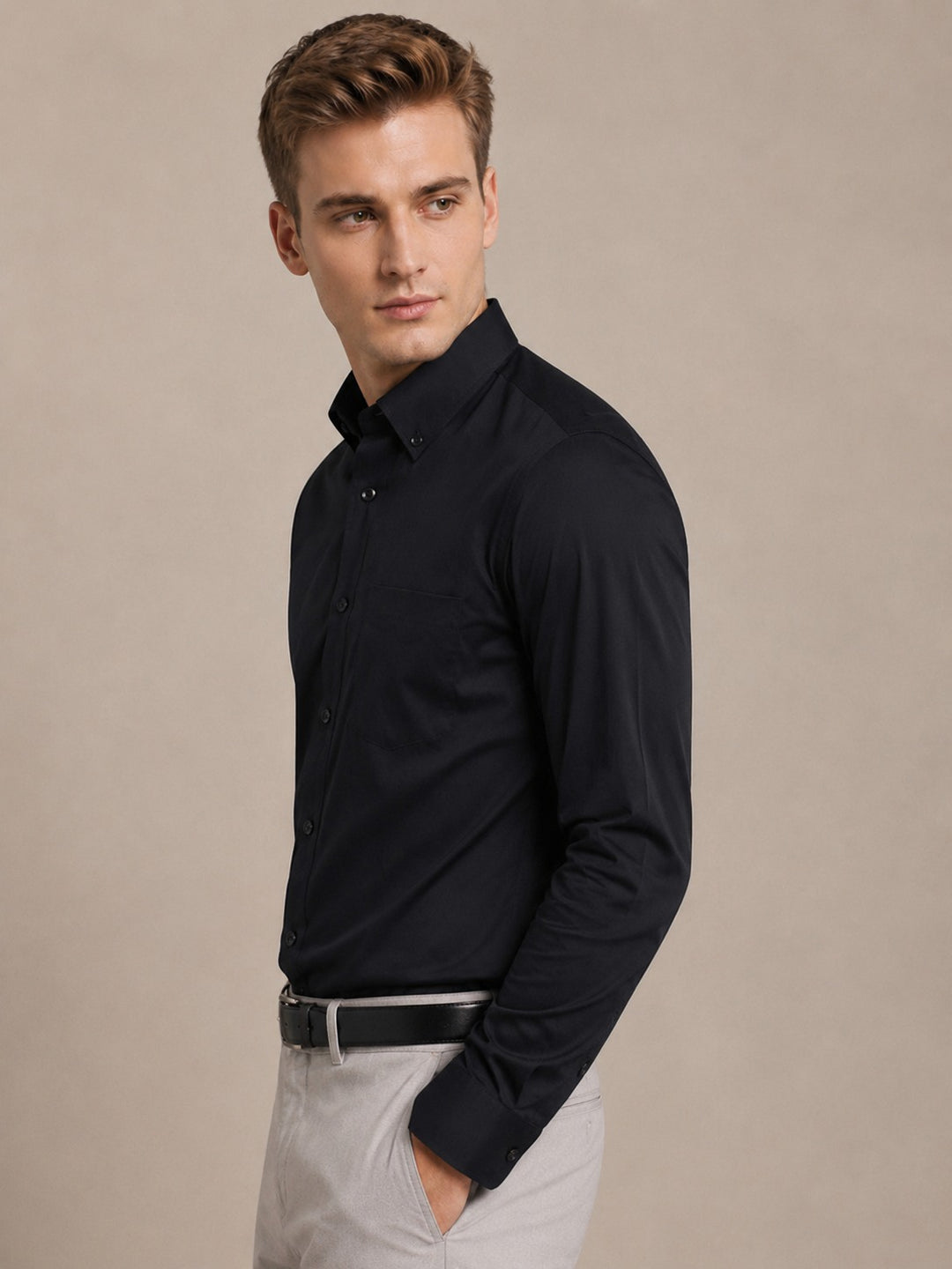 Men Black Solid Cotton Slim Fit Button Down Collar Formal Shirt