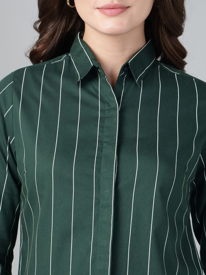 Hancock Women Bottle Green Stripe Pure Cotton Slim Fit Casual Shirt