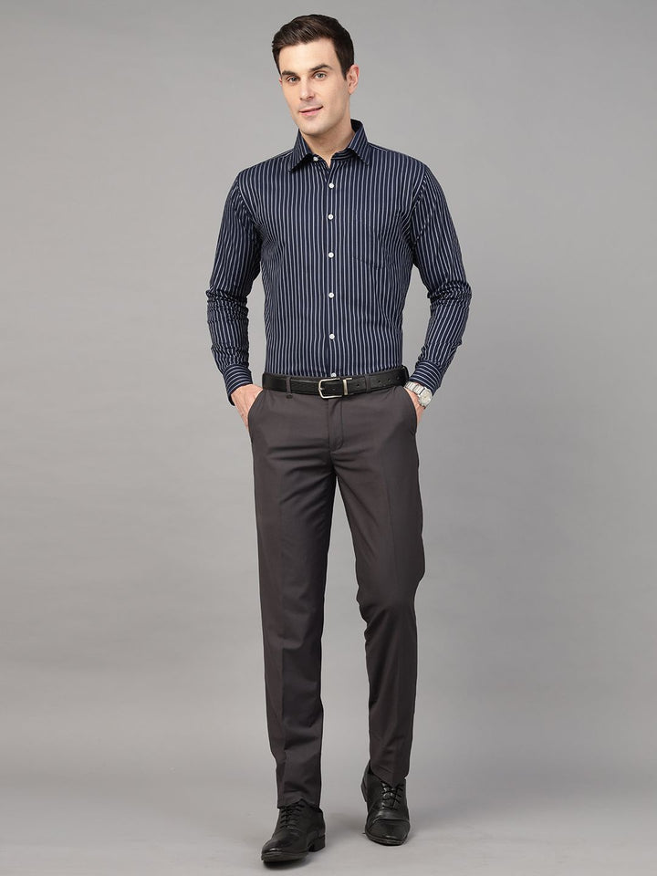 Hancock Men Navy Blue Stripe Pure Cotton Slim Fit Formal Shirt
