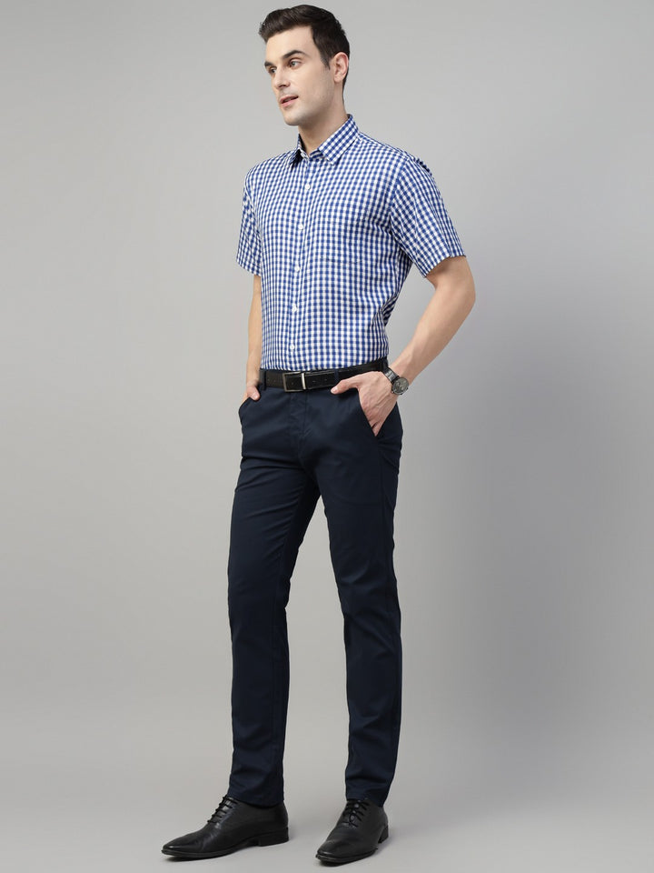 Men White & Blue Check Cotton Slim Fit Formal Shirt
