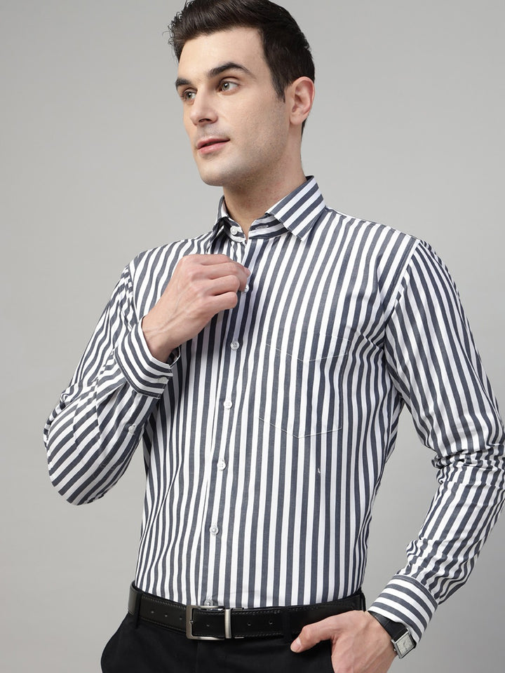 Men White & Grey Stripe Cotton Slim Fit Formal Shirt