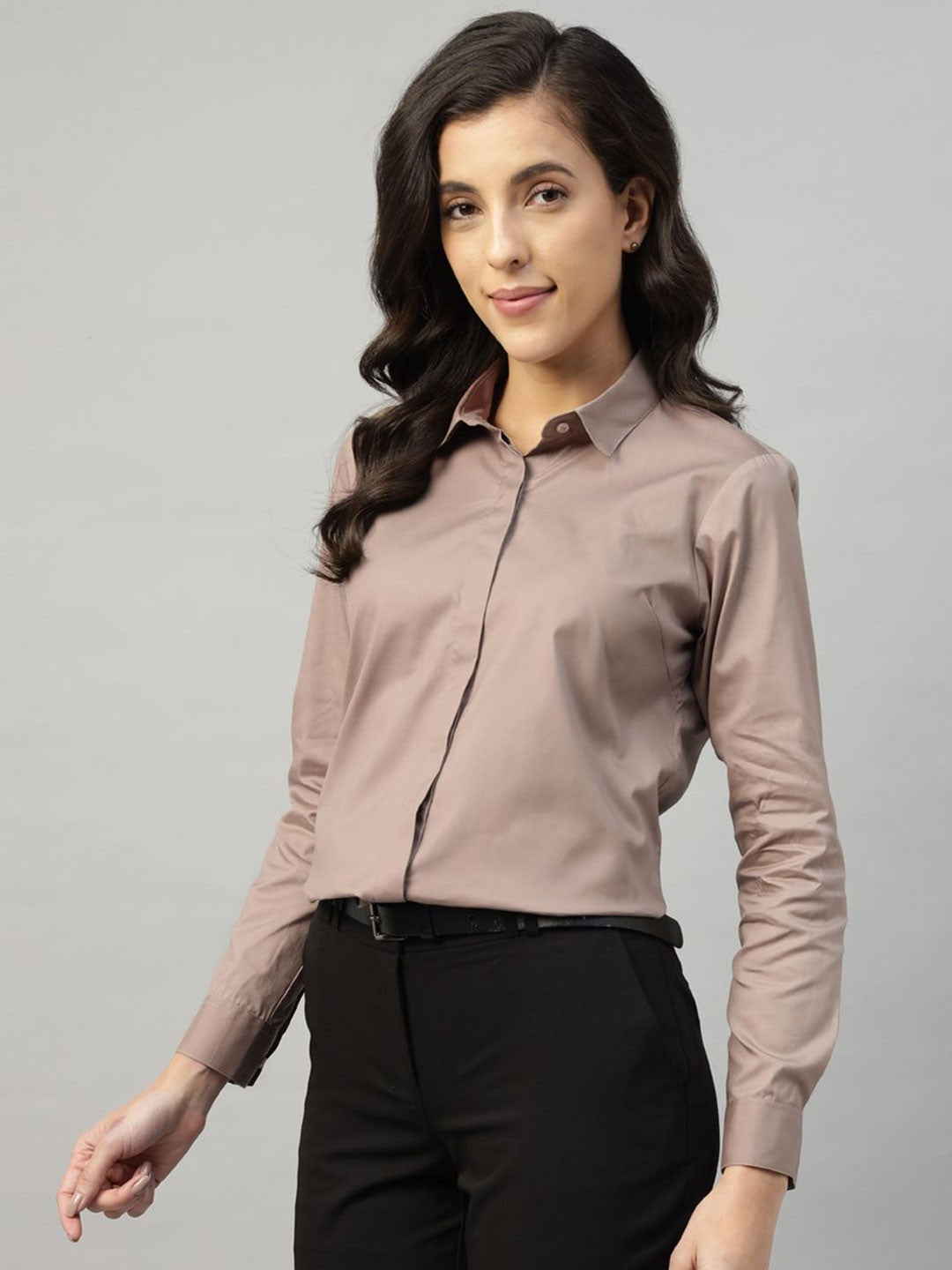 Hancock Women Camel Solid Pure Cotton Regular Fit Formal Shirt