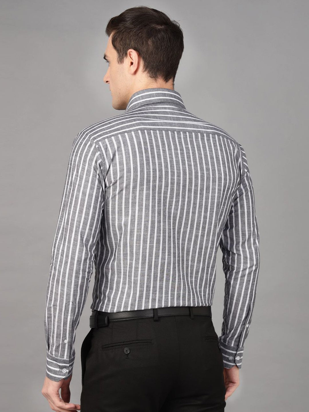 Hancock Men Grey & White Stripe Pure Cotton Slim Fit Formal Shirt