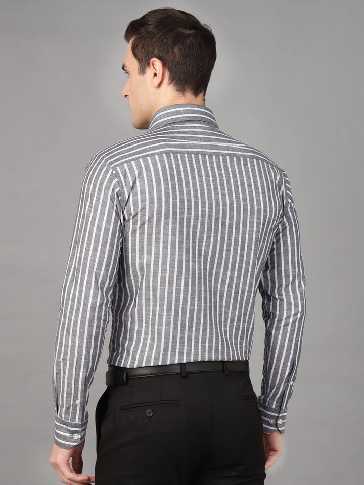 Hancock Men Grey & White Stripe Pure Cotton Slim Fit Formal Shirt