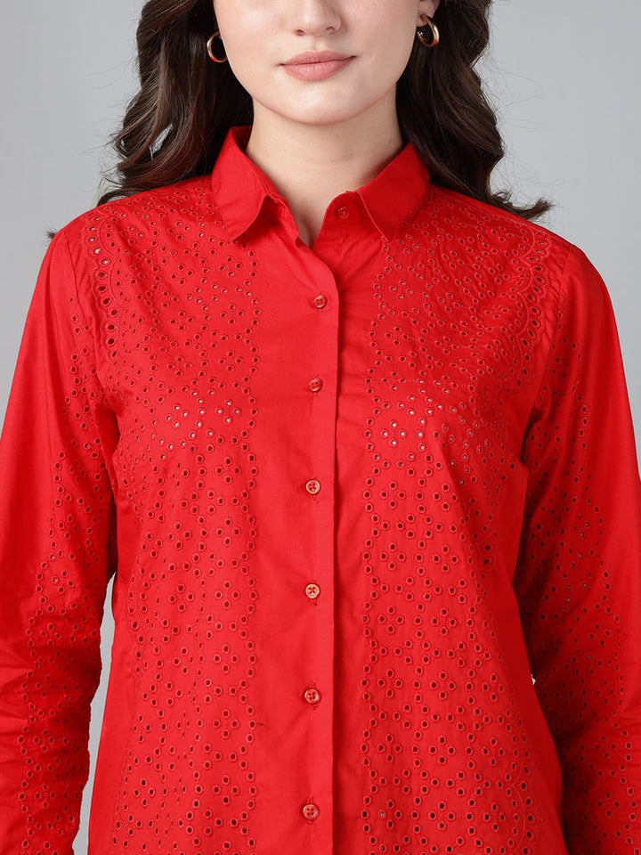 Hancock Women Red Solid Schiffli Pure Cotton Relaxed Fit Casual Shirt