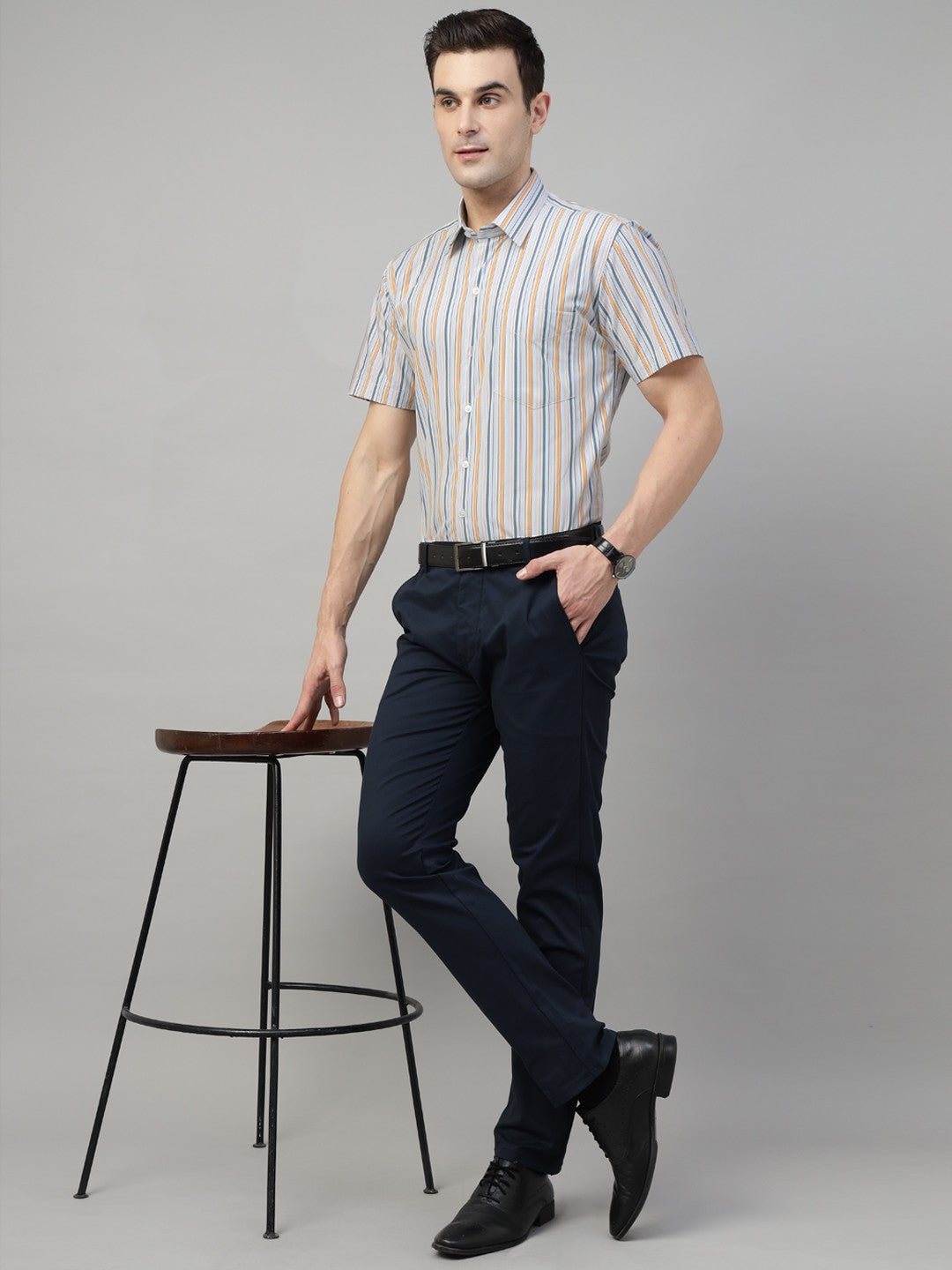 blue striped pure cotton short sleeves shirt 