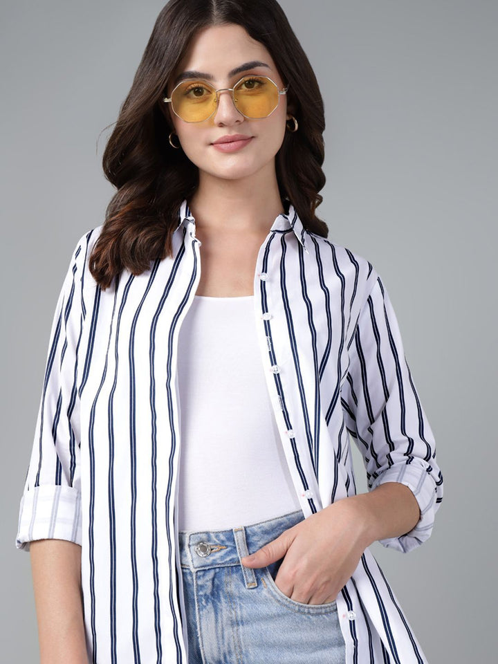 Hancock Women White & Navy Stripe Pure Cotton Regular Fit Casual Shirt