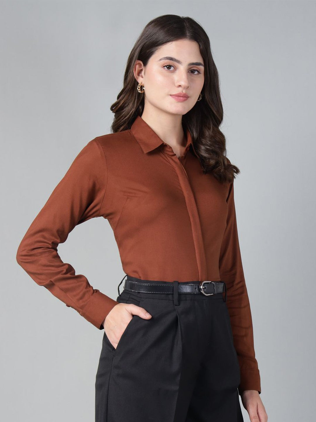 Hancock Women Rust Solid Viscose Rayon Regular Fit Formal Shirt