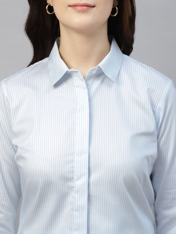 Hancock Women White & Blue Stripe Pure Cotton Regular Fit Formal Shirt