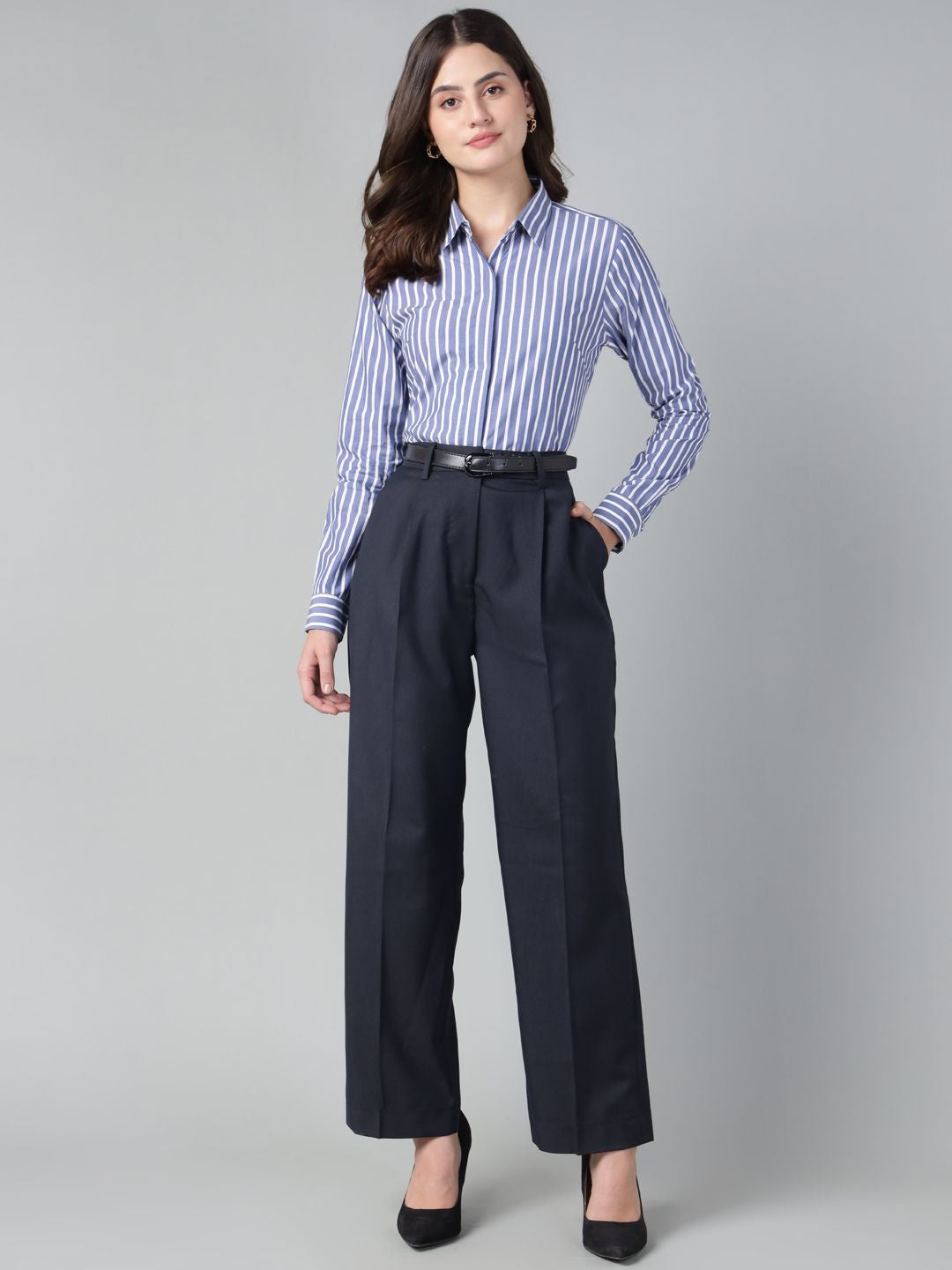 Hancock Women Blue & White Stripe Pure Cotton Regular Fit Formal Shirt