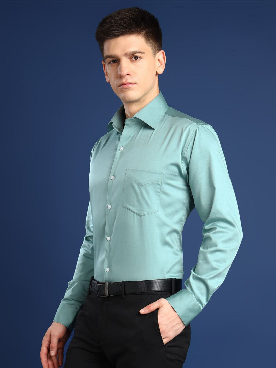Hancock Men Jade Green Solid Cotton Elastene Slim Fit Party Shirt