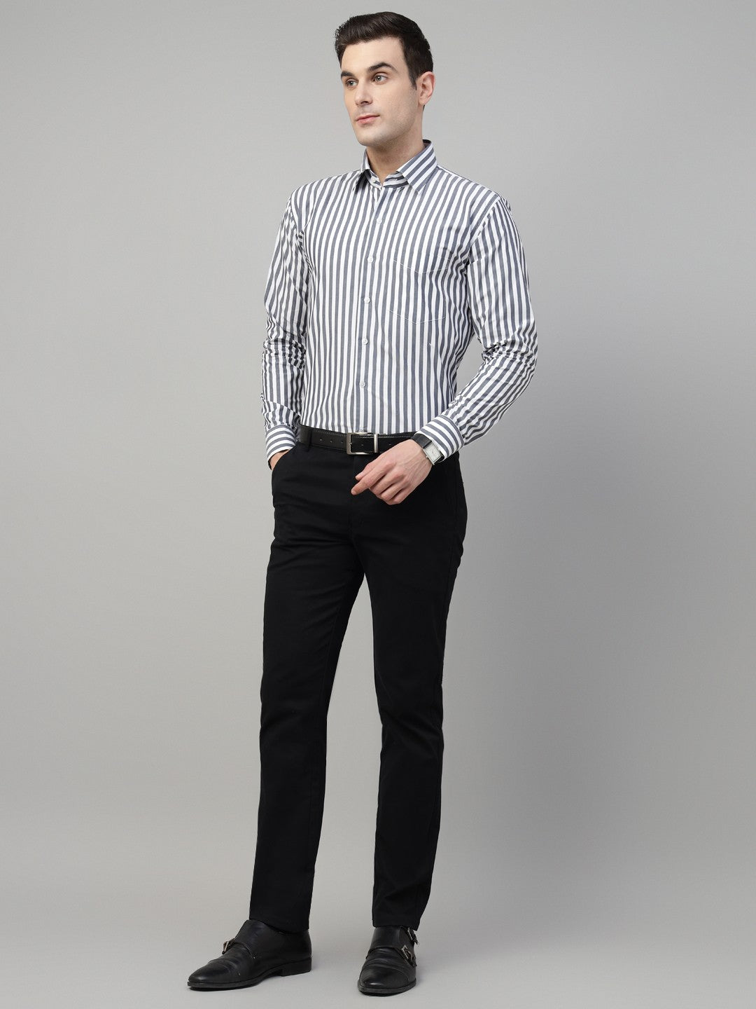 Men White & Grey Stripe Cotton Slim Fit Formal Shirt