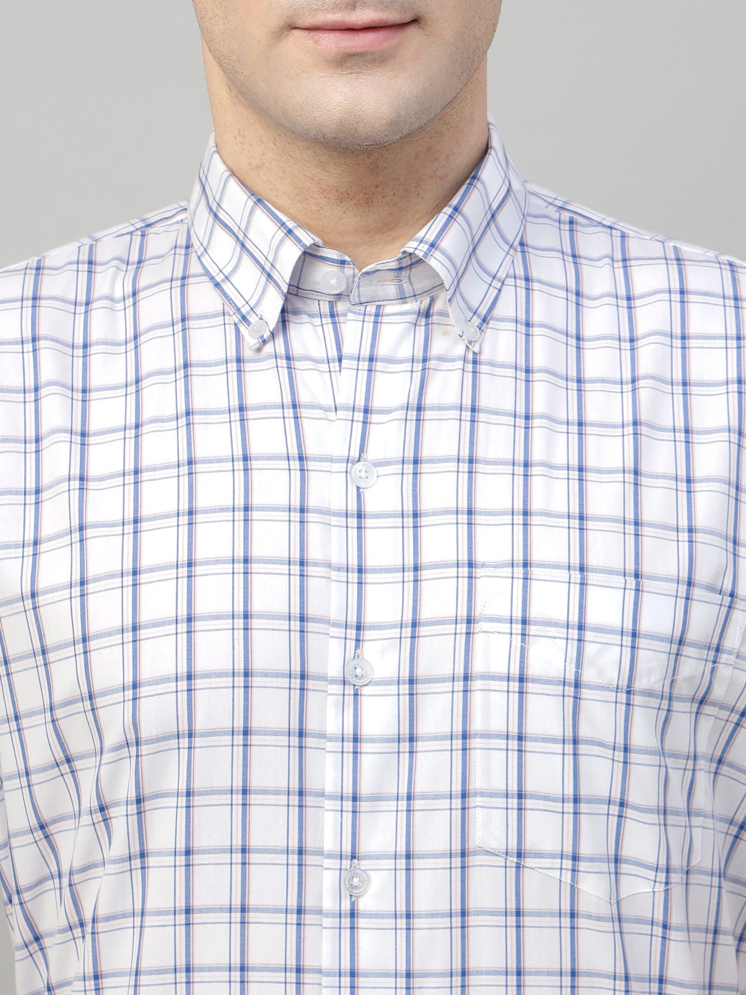White tartan checked pure cotton button down short sleeves shirt