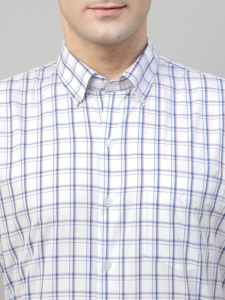 White tartan checked pure cotton button down short sleeves shirt