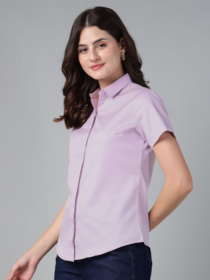 Hancock Women Lavender Solid Pure Cotton Short Sleeve Slim Fit Casual Shirt