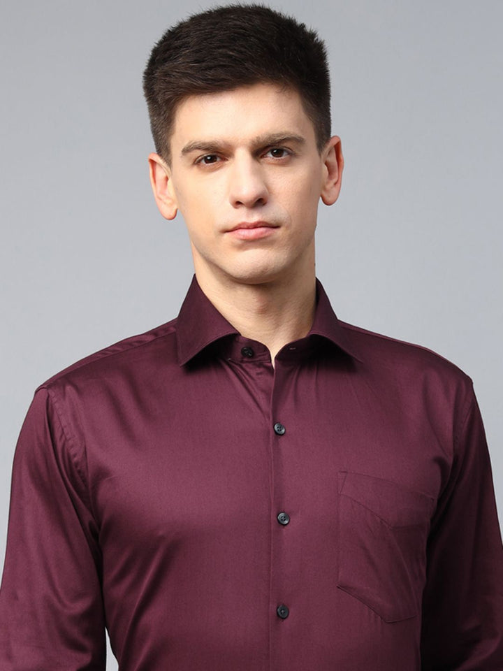 Hancock Men Maroon Solid Cotton Elastene Slim Fit Party Shirt