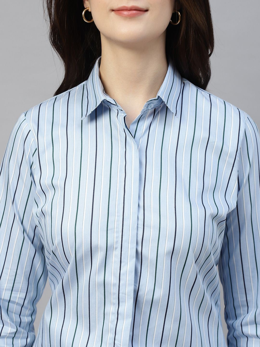 Hancock Women Blue Stripe Pure Cotton Regular Fit Formal Shirt