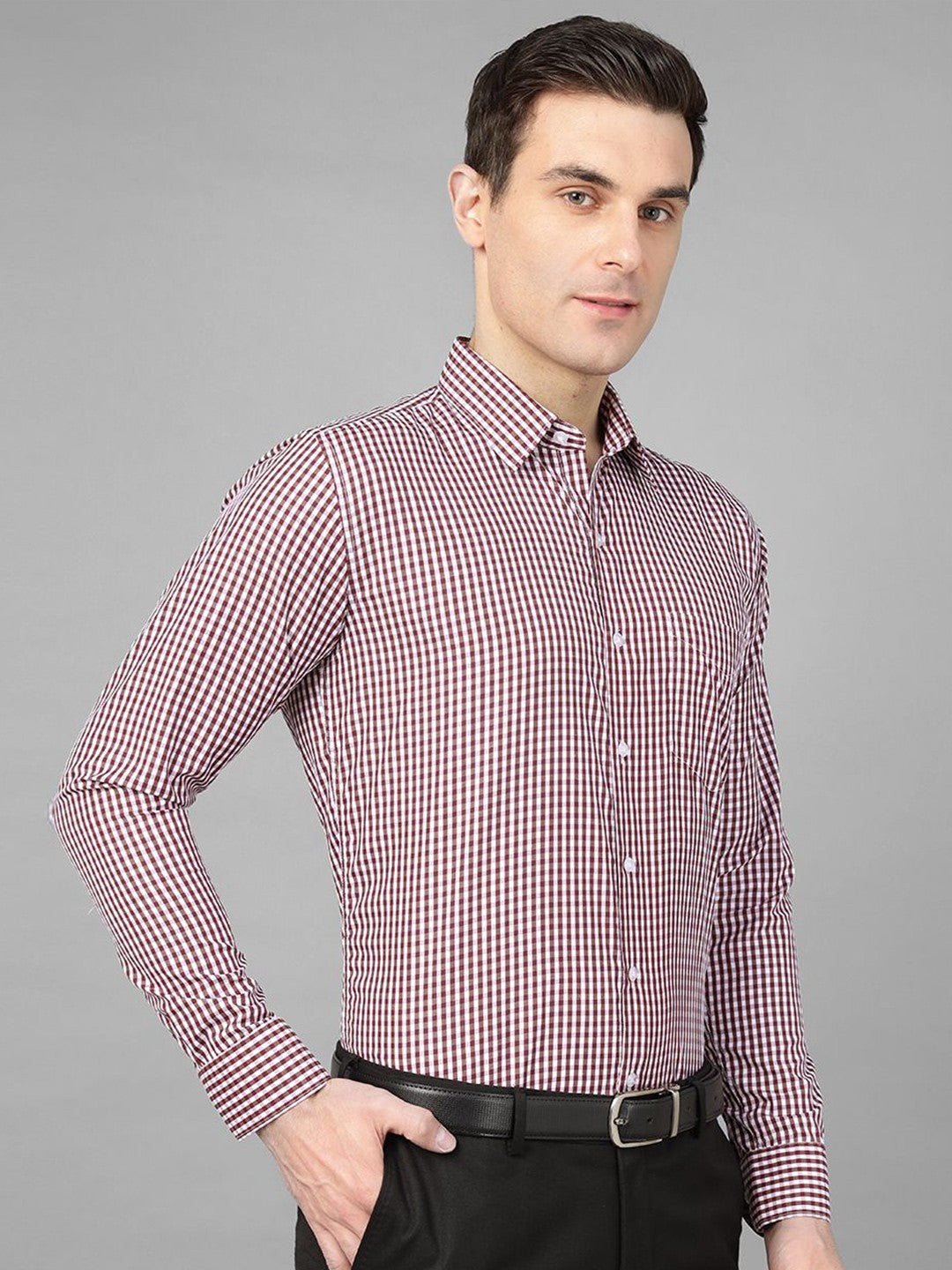 Hancock Men Maroon Check Pure Cotton Slim Fit Formal Shirt