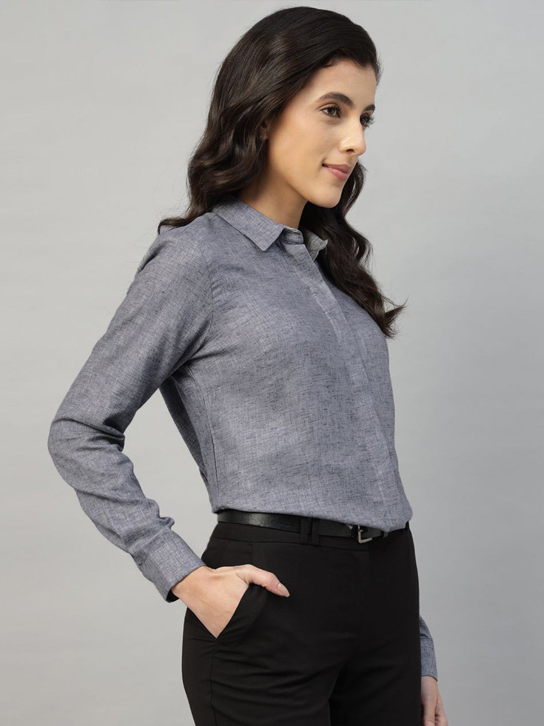 Hancock Women Grey Solid Pure Cotton Regular Fit Formal Shirt