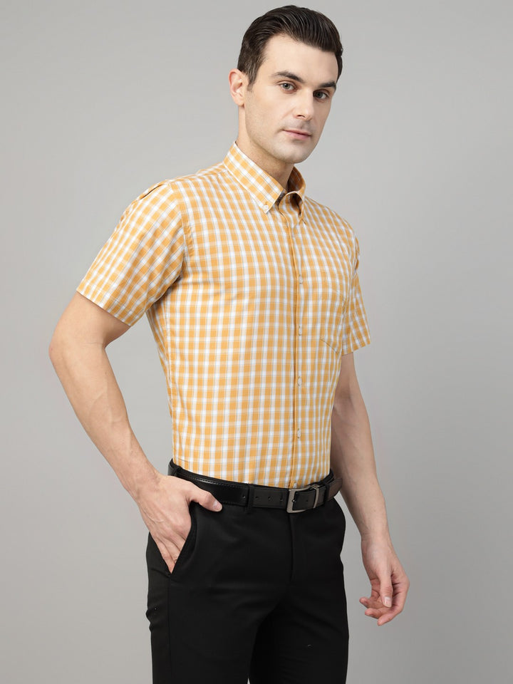Men Mustard Check Cotton Slim Fit Formal Shirt