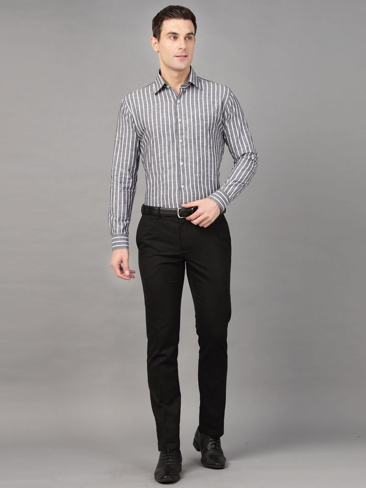 Hancock Men Grey & White Stripe Pure Cotton Slim Fit Formal Shirt
