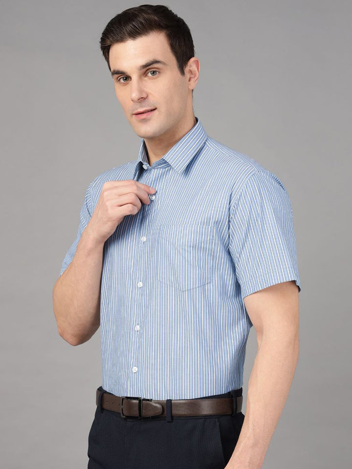 Hancock Men Blue & White Stripe Pure Cotton Slim Fit Formal Shirt