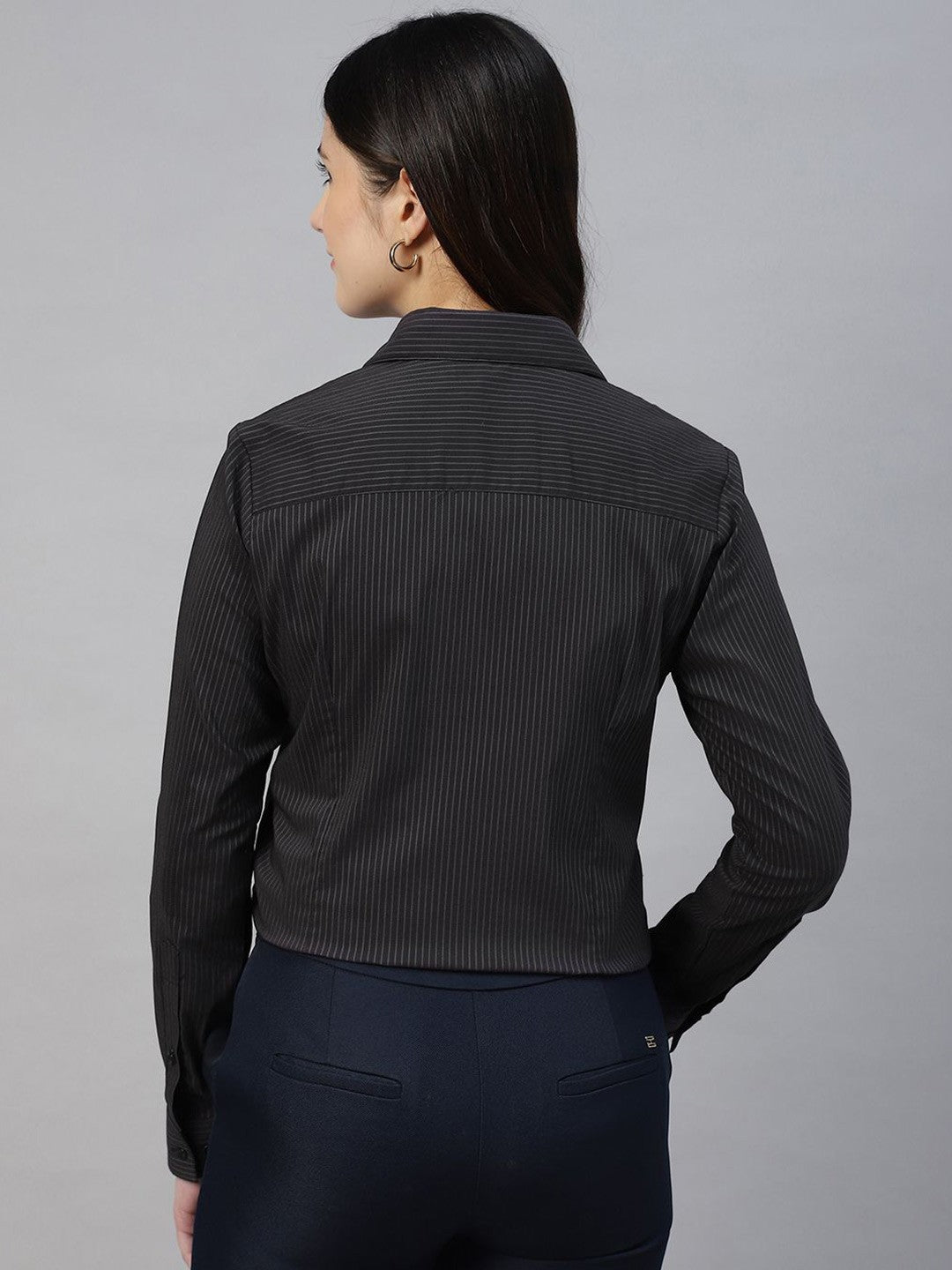 Hancock Women Black Stripe Cotton Elastene Regular Fit Formal Shirt