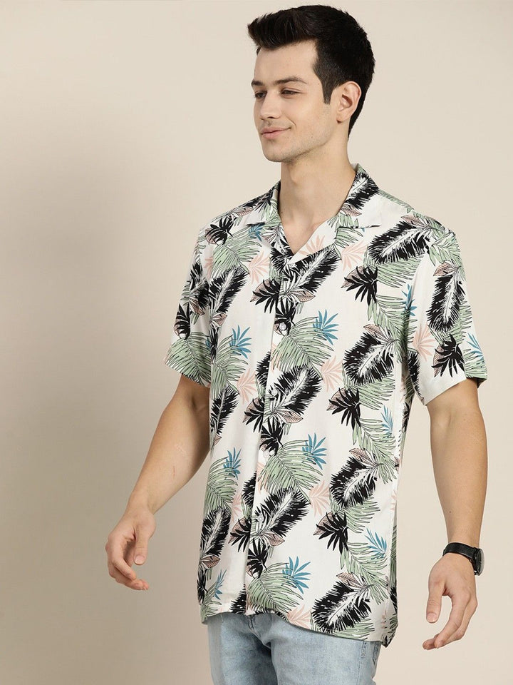 Hancock Men White & Green Prints Viscose Rayon Relaxed Fit Casual Shirt