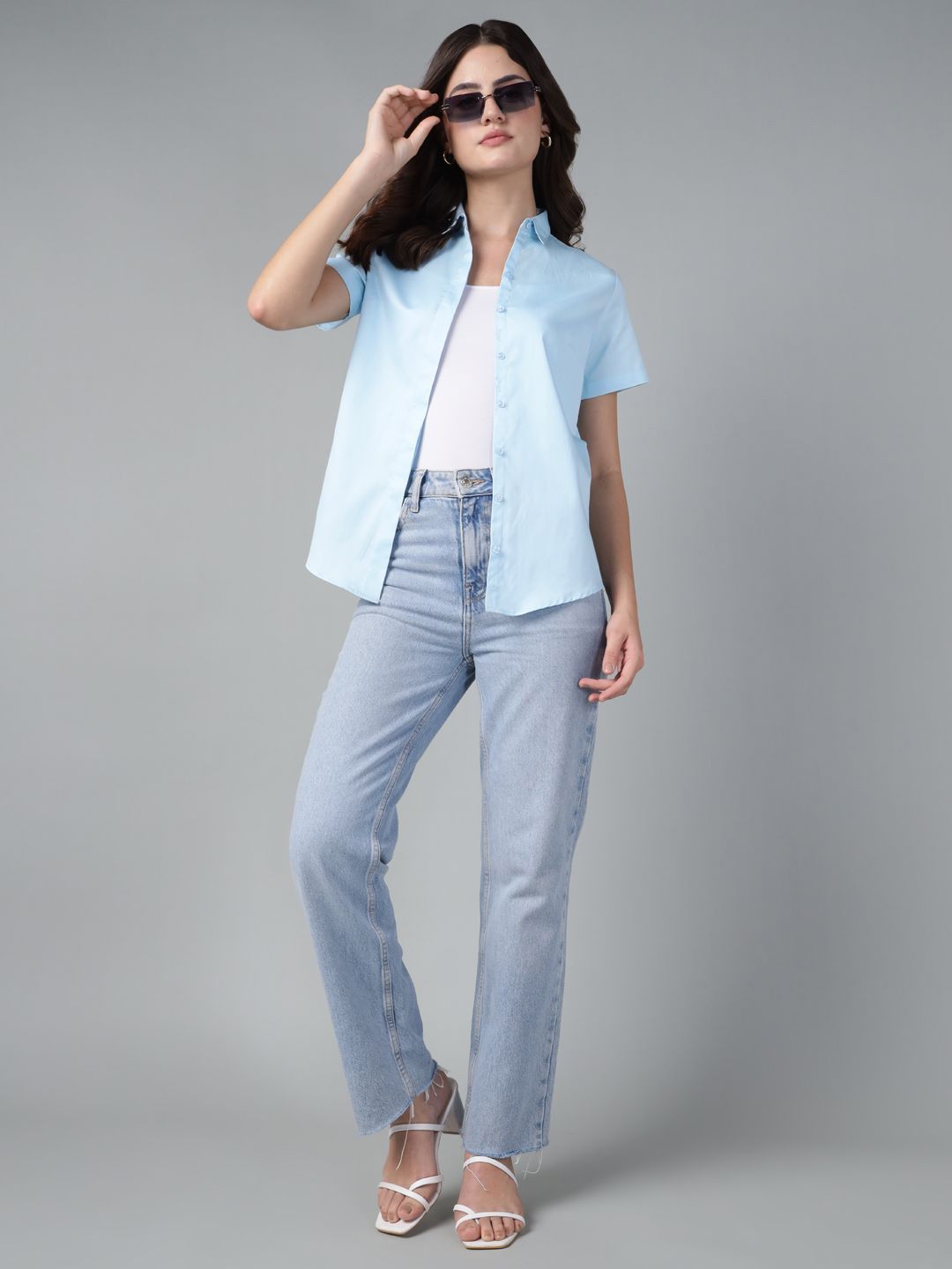 Hancock Women Sky Blue Solid Pure Cotton Short Sleeve Slim Fit Casual Shirt