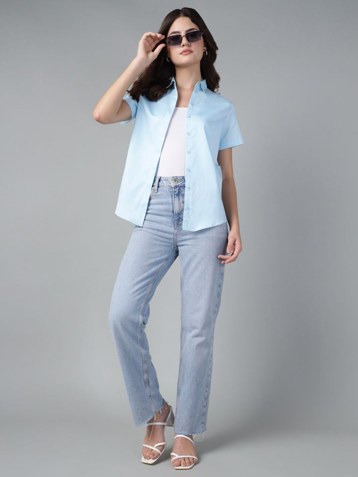 Hancock Women Sky Blue Solid Pure Cotton Short Sleeve Slim Fit Casual Shirt