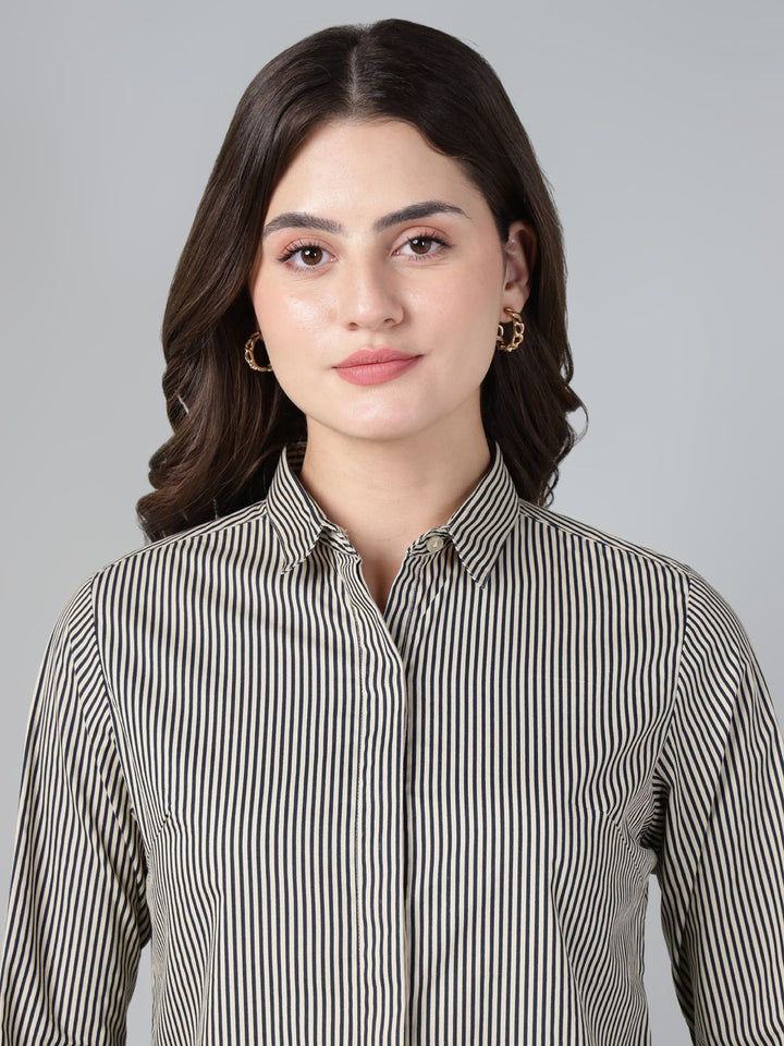 Hancock Women Black & Brown Stripe Pure Cotton Slim Fit Casual Shirt