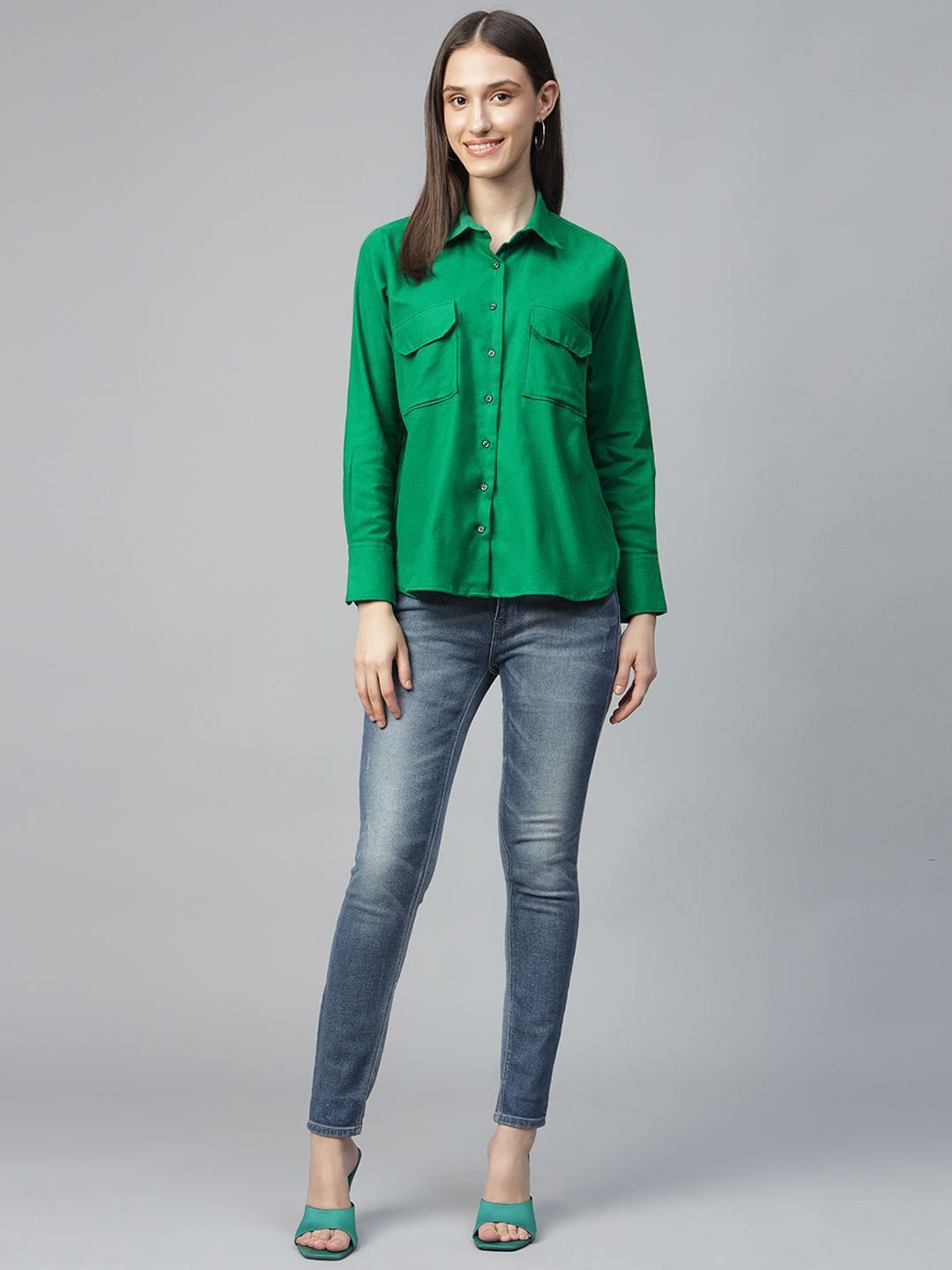 Hancock Women Green Solid Pure Cotton Relaxed Fit Casual Shirt