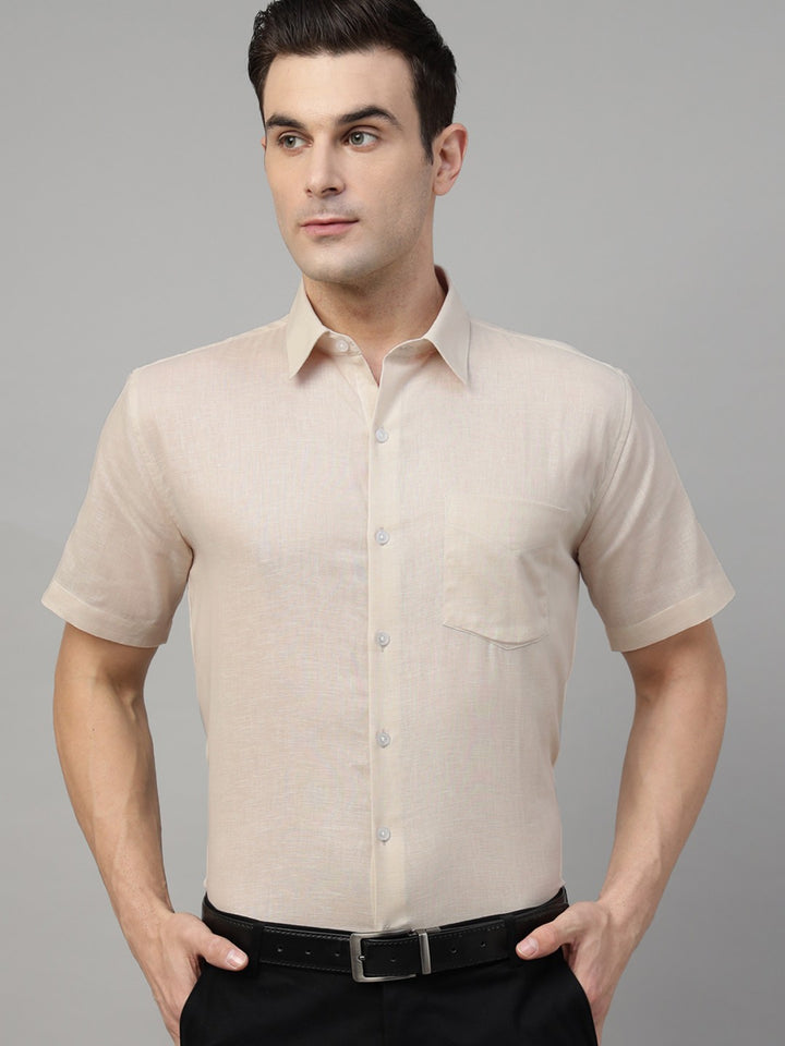  beige solid linen short sleeves shirt 