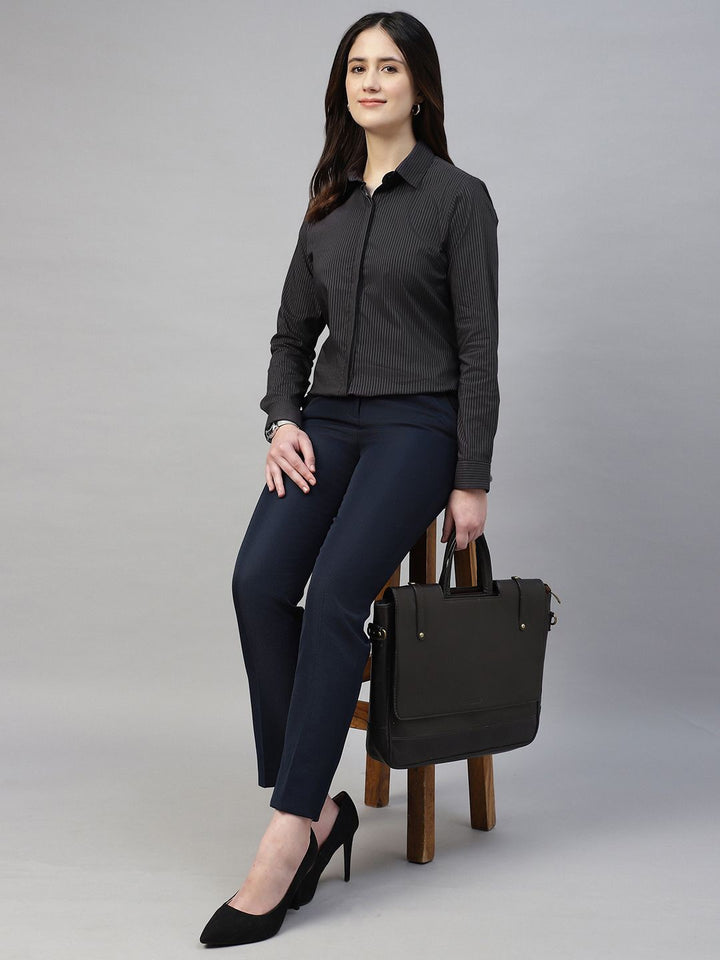 Hancock Women Black Stripe Cotton Elastene Regular Fit Formal Shirt