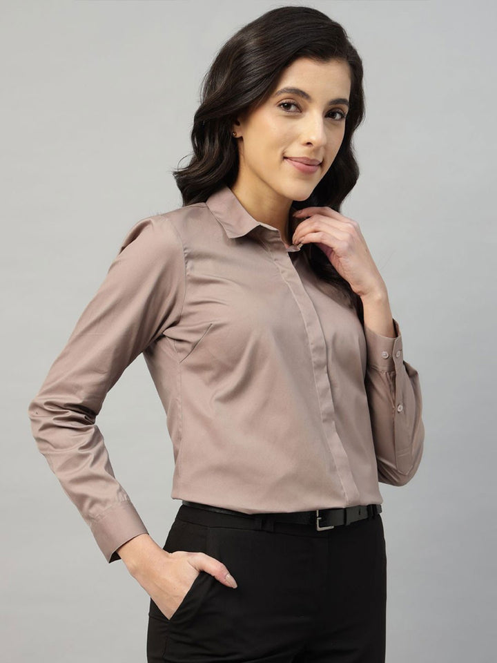 Hancock Women Camel Solid Pure Cotton Regular Fit Formal Shirt
