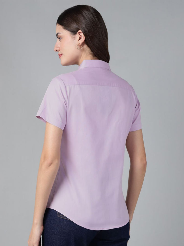 Hancock Women Lavender Solid Pure Cotton Short Sleeve Slim Fit Formal Shirt