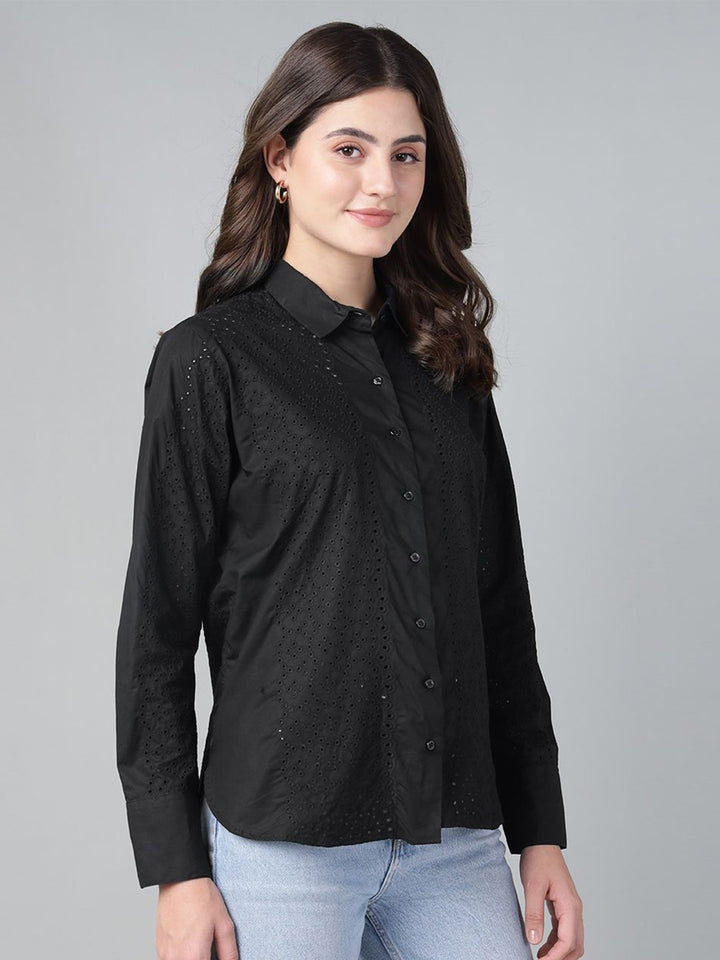 Hancock Women Black Solid Schiffli Pure Cotton Relaxed Fit Casual Shirt