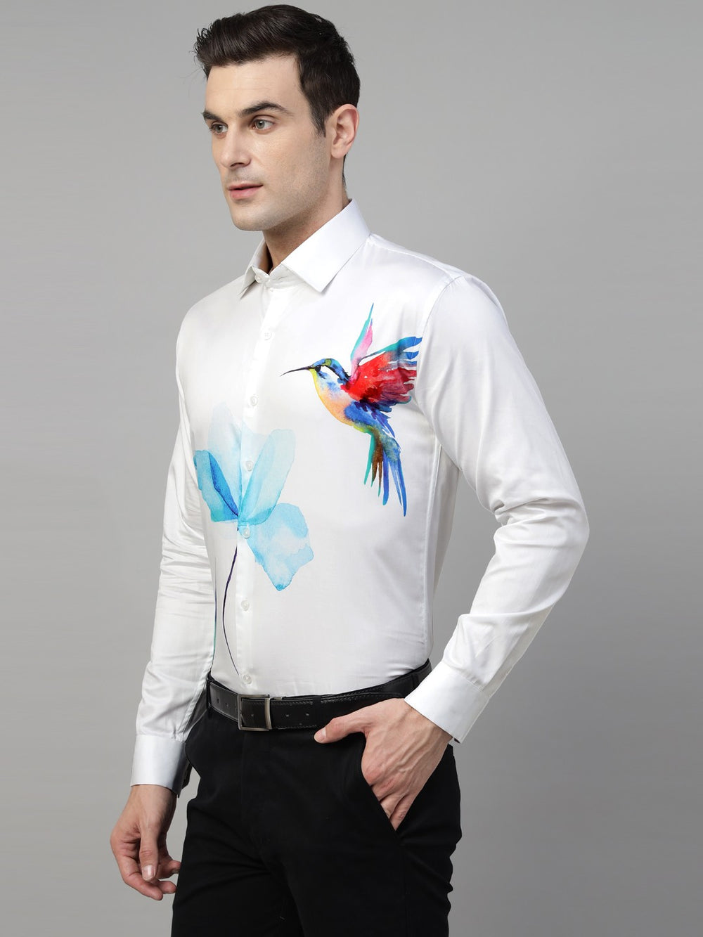White floral digital printed cotton satin long sleeves shirt