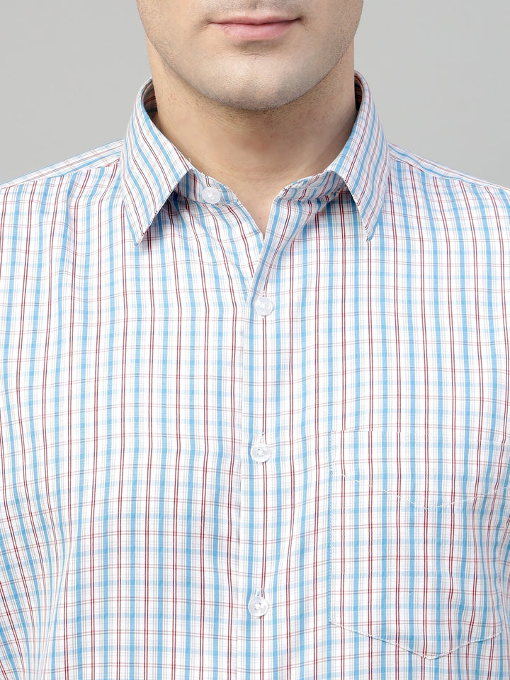 Men White & Blue Check Cotton Slim Fit Formal Shirt