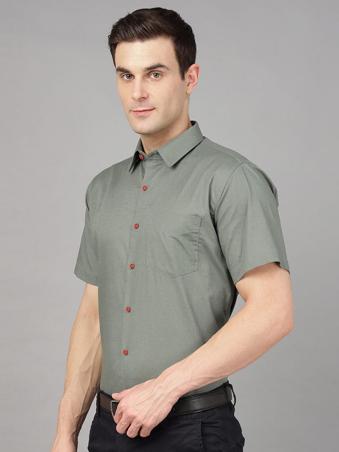 Hancock Men Olive Solid Pure Cotton Slim Fit Formal Shirt