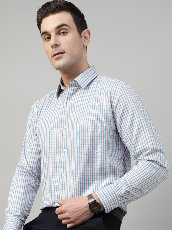Men White & Blue Check Cotton Slim Fit Formal Shirt
