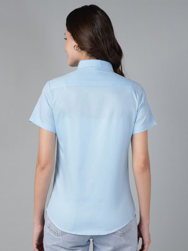Hancock Women Sky Blue Solid Pure Cotton Short Sleeve Slim Fit Formal Shirt