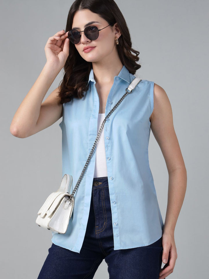 Hancock Women Sky Blue Solid Pure Cotton Sleeveless Slim Fit Casual Shirt