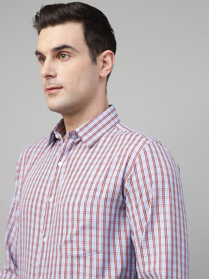 Men Blue & Red Check Cotton Slim Fit Formal Shirt